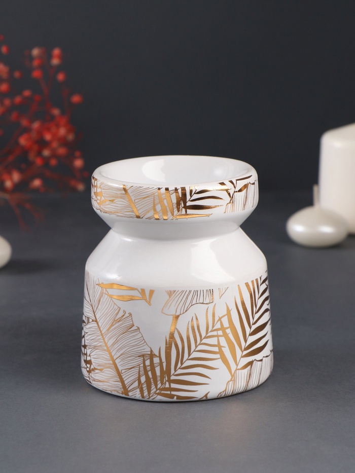 Аромалампа для эфирных масел «Золотые пальмовые листья на белом», керамика, 9.8×9.8×11 см - Фото 1