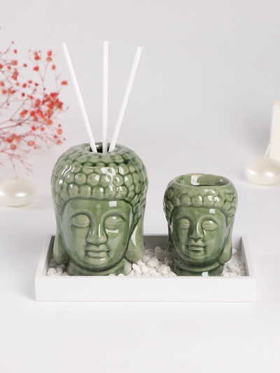Набор: диффузор для эфирных масел, подсвечник на 1 свечу, аромапалочки 3 шт., сад камней «Будды», керамика, 9×17×10.5 см