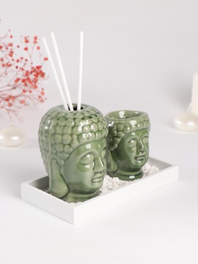 Набор: диффузор для эфирных масел, подсвечник на 1 свечу, аромапалочки 3 шт., сад камней «Будды», керамика, 9×17×10.5 см