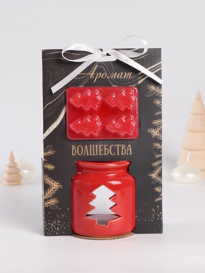 Набор: аромалампа для эфирных масел, мелтсы из воска ароматические «Ёлочка», красная, 7.5×7.5×8 см