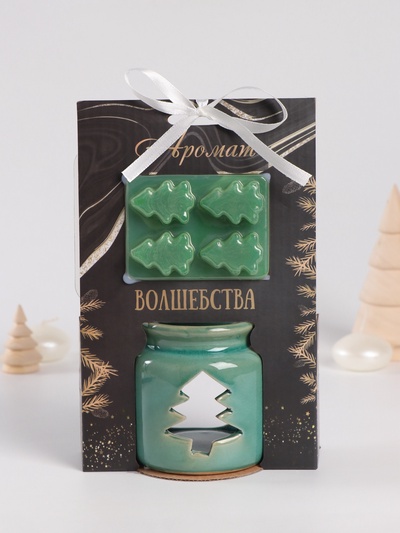 Набор: аромалампа для эфирных масел, мелтсы из воска ароматические «Ёлочка», зелёная, 7.5×7.5×8 см