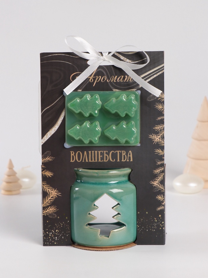 Набор: аромалампа для эфирных масел, мелтсы из воска ароматические «Ёлочка», зелёная, 7.5×7.5×8 см - Фото 1