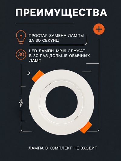 Светильник встраиваемый под лампу MR-16, поворотный, круглый, пластиковый, белый