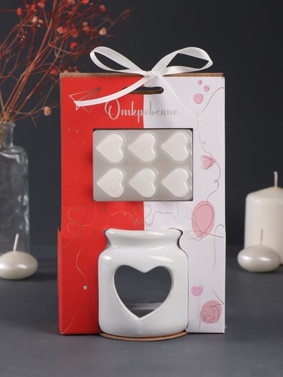 Набор: аромалампа для эфирных масел, мелтсы из воска ароматические «Сердце», белая, 7.5×7.5×8 см