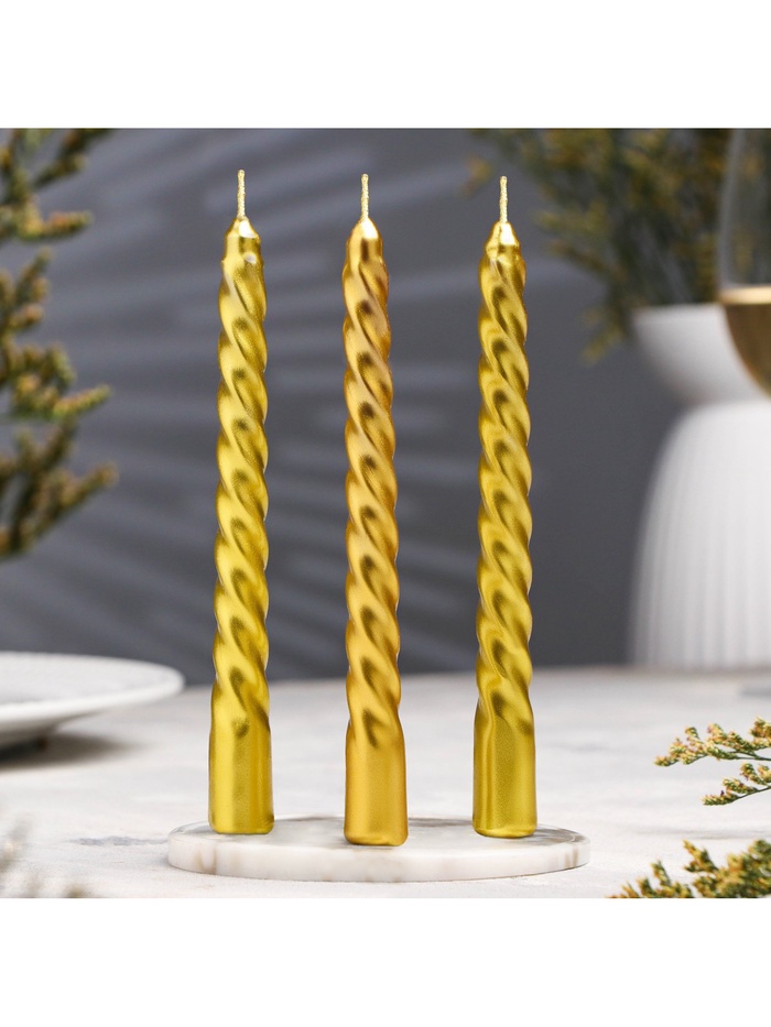 УЦЕНКА Набор свечей витых, 1.5×15 см, 3 шт., золотой блистер - Фото 1