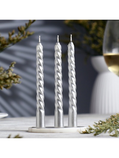 УЦЕНКА Набор свечей витых, 1.5×15 см, 3 шт., серебряный блистер