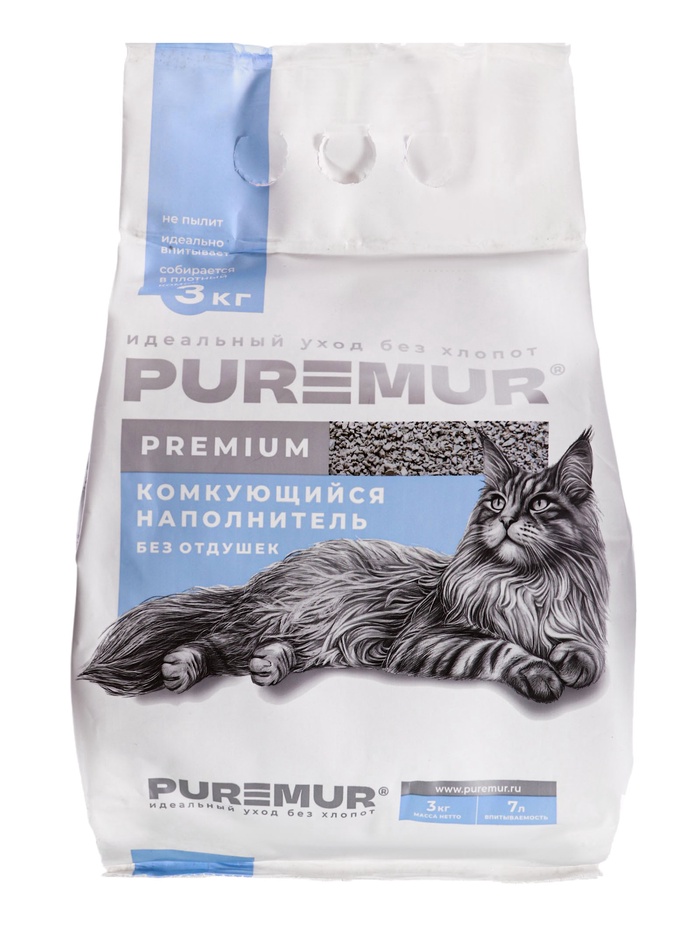 Наполнитель минеральный комкующийся PureMur Premium 3 кг,пластиковый пакет - Фото 1