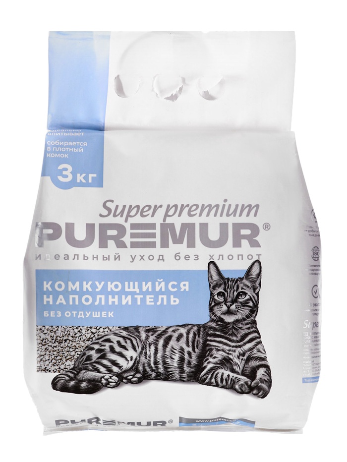 Наполнитель минеральный комкующийся PureMur Super premium 3 кг,пластиковый пакет - Фото 1
