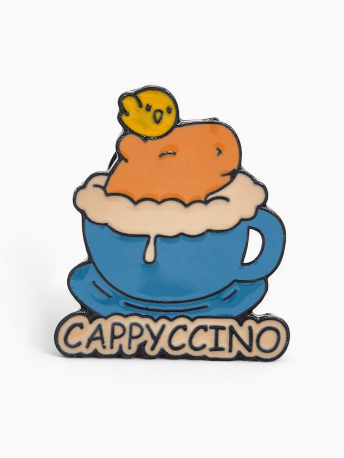 Значок «Капибара капучино», оранжево-синий в чёрном металле - Фото 1