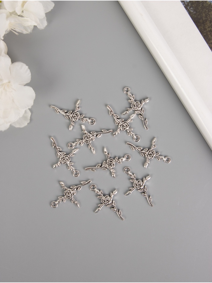 Набор декоративных элементов для творчества «Роза и крест», металл под серебро, 10 шт., 3.4×2.3×0.2 см