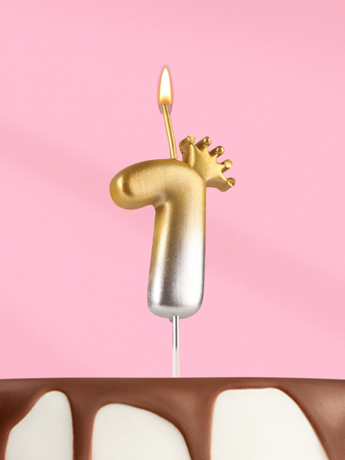 Свеча в торт «С короной», цифра 1, золото - серебро - Фото 1