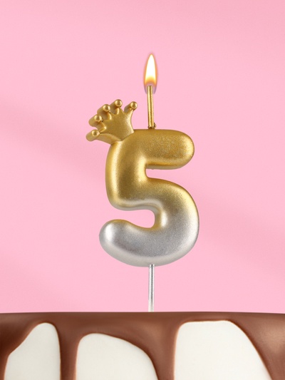 Свеча в торт «С короной», цифра 5, золото - серебро