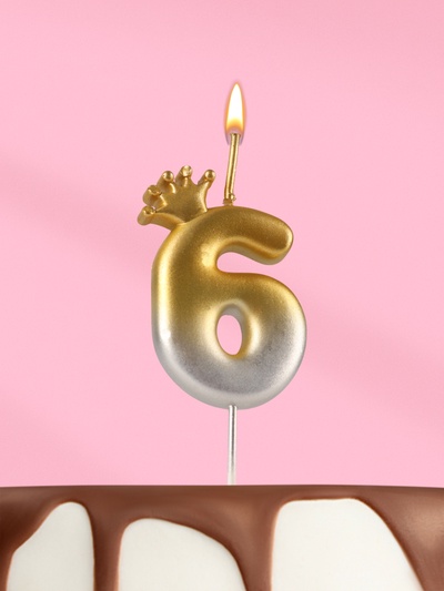 Свеча в торт «С короной», цифра 6, золото - серебро