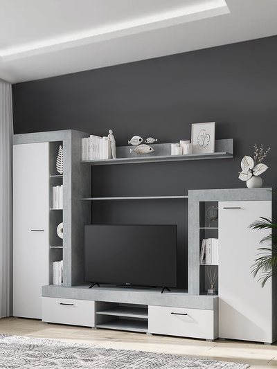 Стенка в гостиную «Дельта», 2648×456×1874 мм, цвет бетон/белый