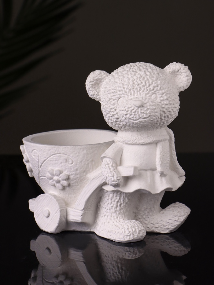 Кашпо гипс «Медведица с тележкой», 10×10×6 см, натуральный - Фото 1