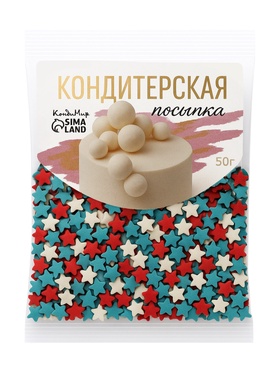 Посыпка кондитерская "Звездочки": белые, красный, голубые, 50 г, 10247075 10885899