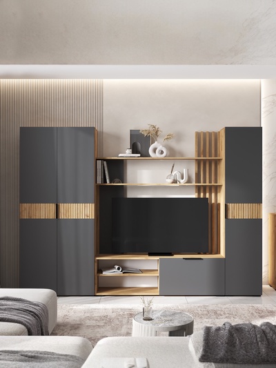 Гостиная «Роджина», 2600×350×1826 мм, цвет графит/дуб крафт