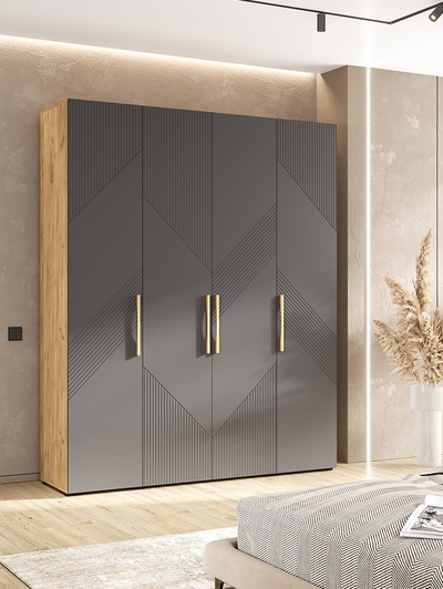 Шкаф четырехстворчатый «Ирис», 1800×506×2236 мм, цвет браш графит МДФ/дуб крафт