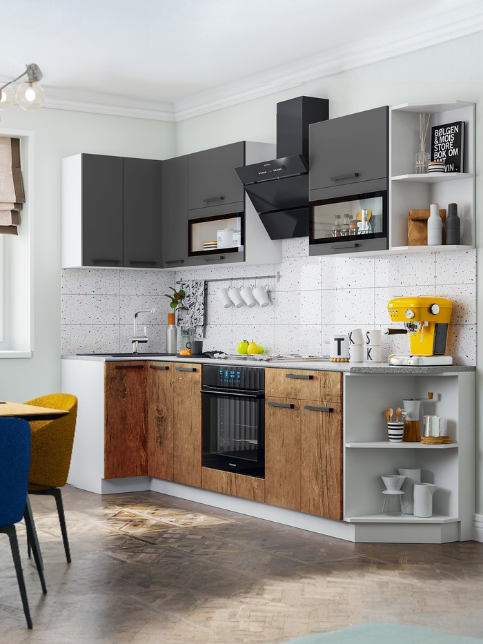 Кухонный гарнитур угловой «Техно», 900×2700 мм, графит софт МДФ/экзотическое дерево - Фото 1