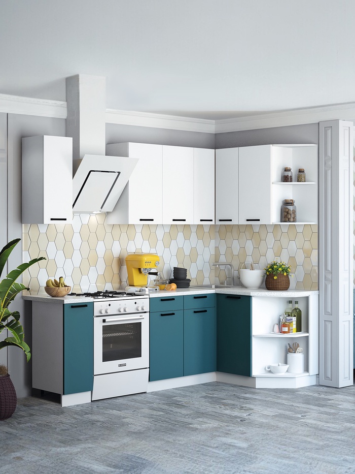 Кухонный гарнитур угловой «Техно», 1700×1300 мм, цвет белый снег софт МДФ/атлантик софт МДФ - Фото 1