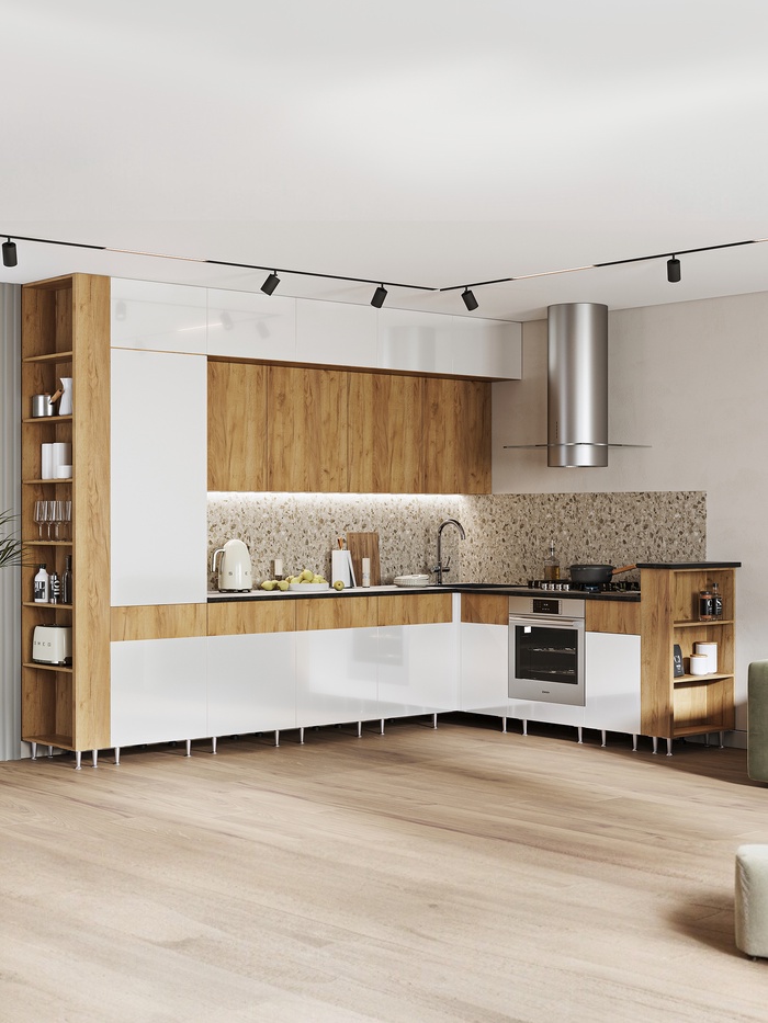 Кухонный гарнитур угловой в потолок «Техно-5», 3200×2240 мм, цвет дуб крафт/белый глянец - Фото 1