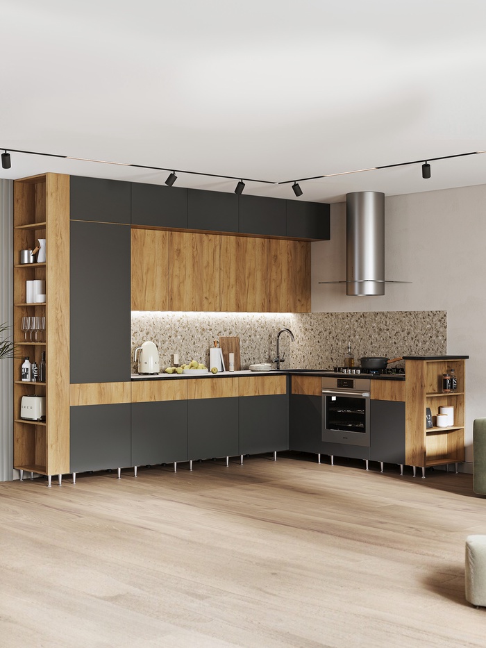 Кухонный гарнитур угловой в потолок «Техно-5», 3200×2240 мм, дуб крафт/графит софт - Фото 1