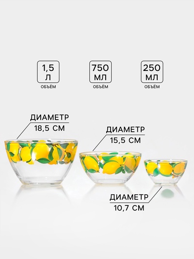 Набор салатников Декостек «Трио. Лимоны», 3 шт., 1700/900/300 мл, стекло, прозрачный, жёлтый