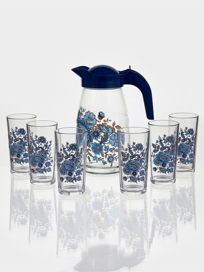 Набор для напитков «Милори», 7 предметов: кувшин, 6 стаканов, стекло, прозрачный, синий