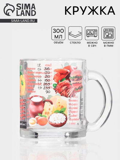 Кружка Декостек «Таблица калорий», 300 мл, стекло, прозрачная, разноцветная