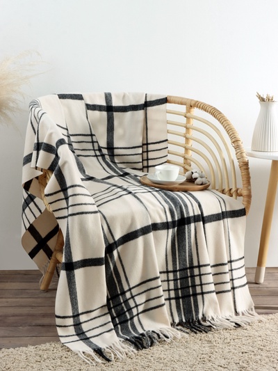 Плед с бахромой «Этель. Клетка», 130×160 см, молочный