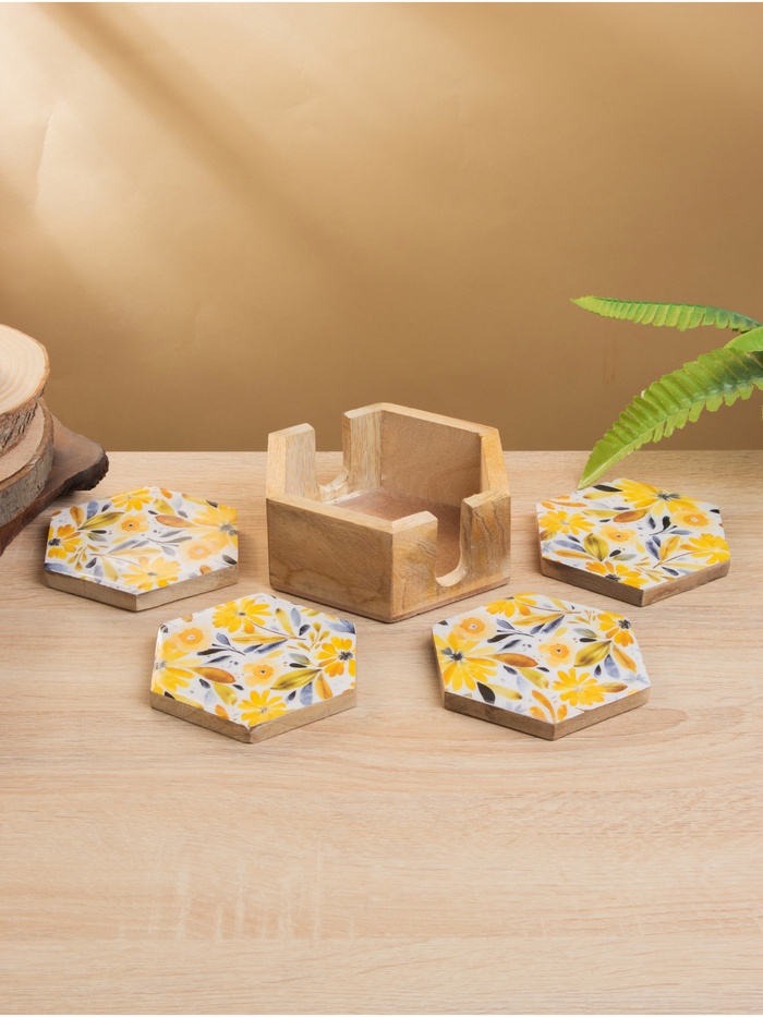 Подставка под горячее «Желтые и синие цветы», набор 4 шт., 15×13×5 см, дерево манго - Фото 1