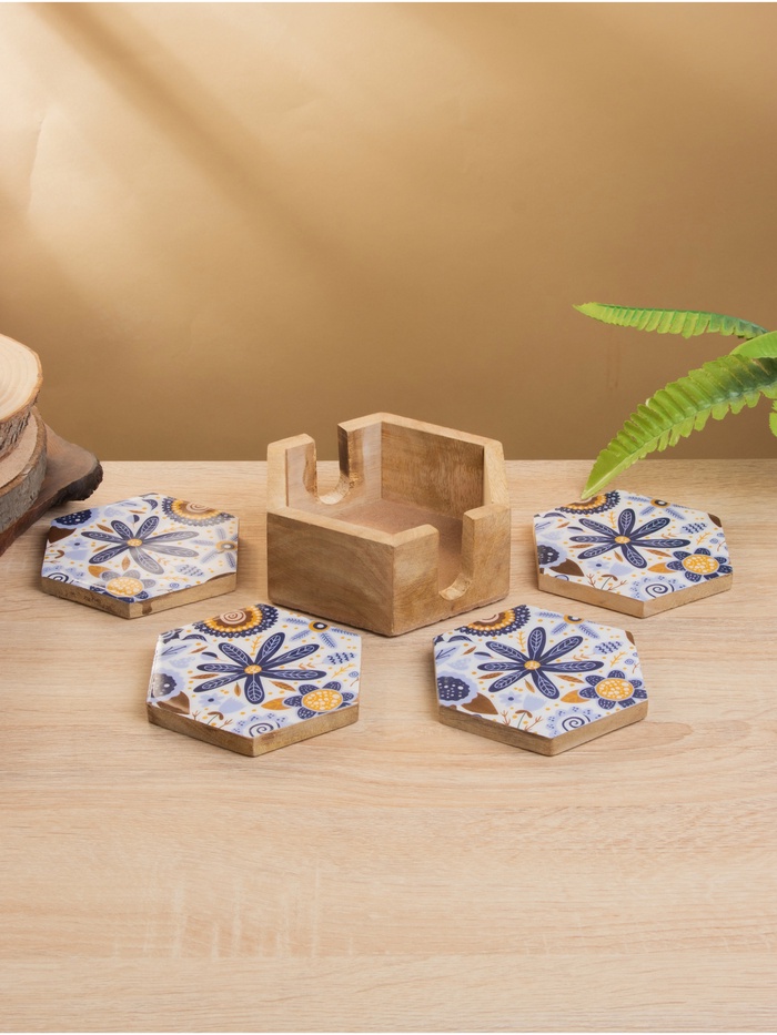 Подставка под горячее «Васильки», набор 4 шт., 15×13×5 см, дерево манго - Фото 1