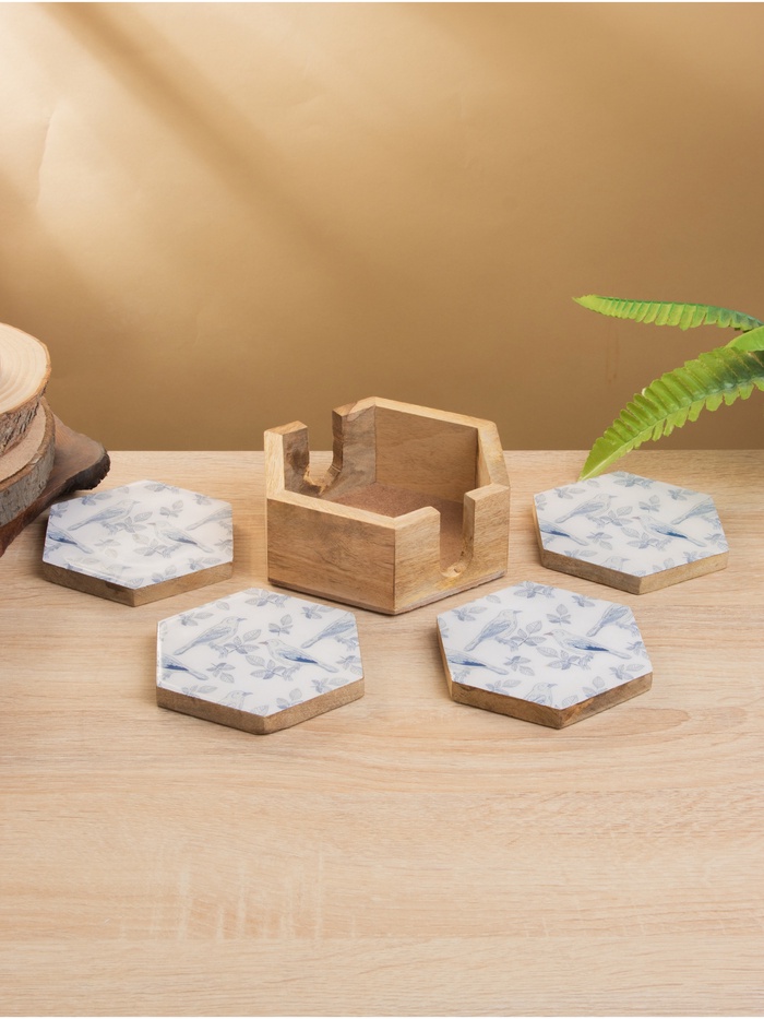 Подставка под горячее «Синие птицы», набор 4 шт., 15×13×5 см, дерево манго - Фото 1