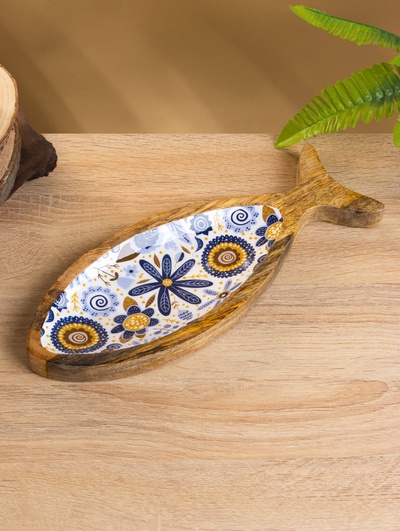 Блюдо в форме рыбки «Васильки», 32×11.5×2 см, дерево манго
