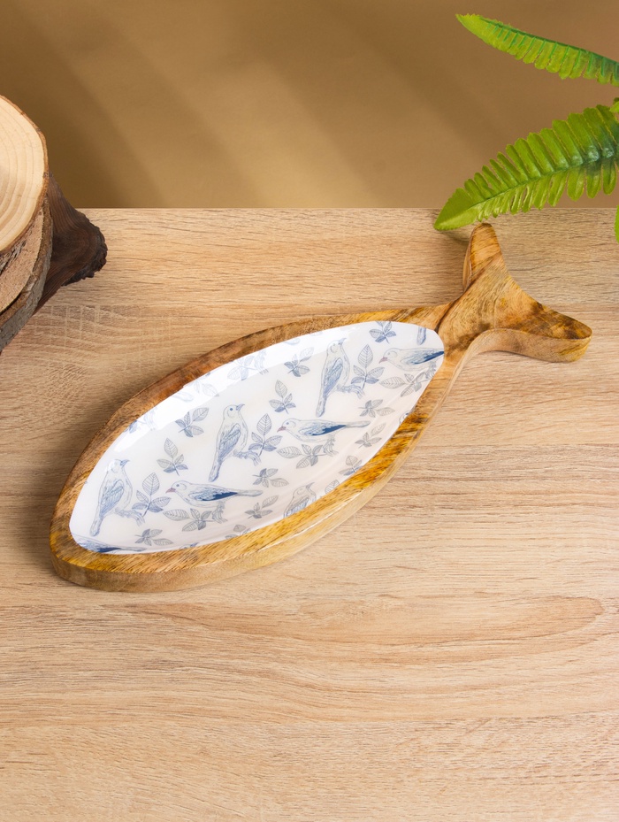 Блюдо в форме рыбки «Синие птицы», 32×11.5×2 см, дерево манго - Фото 1