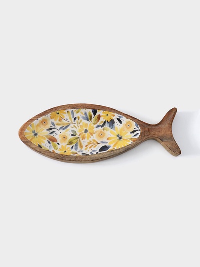 Блюдо в форме рыбки «Желтые и синие цветы», 32×11.5×2 см, дерево манго