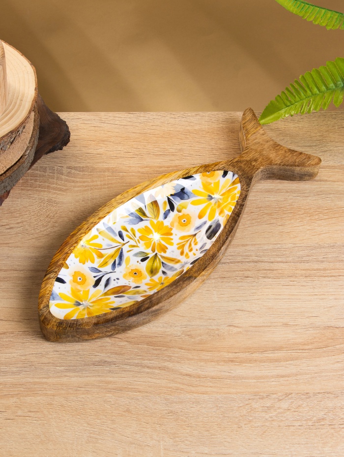 Блюдо в форме рыбки «Желтые и синие цветы», 32×11.5×2 см, дерево манго - Фото 1