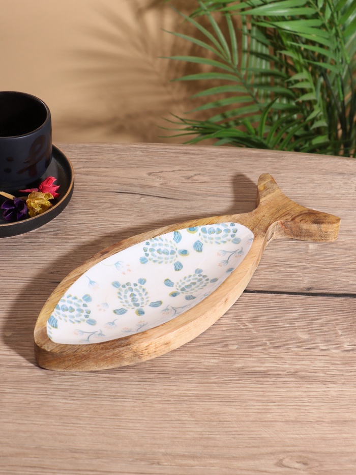 Блюдо в форме рыбки «Черепаха и цветы», 32×11.5×2 см, дерево манго - Фото 1