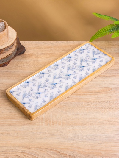 Блюдо прямоугольное «Синие птицы», 41×15 см, дерево манго