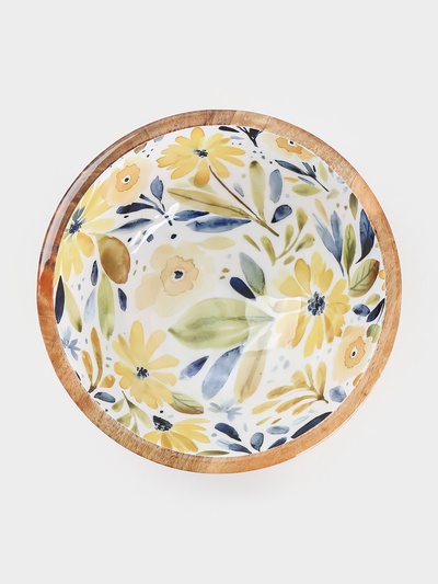 Салатник «Желтые и синие цветы», 25×25×10 см, дерево манго