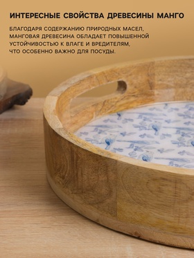 Поднос круглый с бортиками «Синие птицы», 35×35×6.5 см, дерево манго