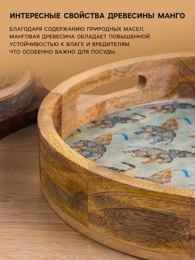 Поднос круглый с бортиками «Мудрый слон», 35×35×6.5 см, дерево манго