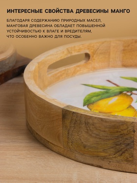 Поднос круглый с бортиками «Лимоны», 35×35×6.5 см, дерево манго