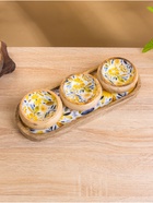 Набор розеток на подносе «Желтые и синие цветы», 3 шт., 33.5×13×6.5 см, дерево манго - Фото 2