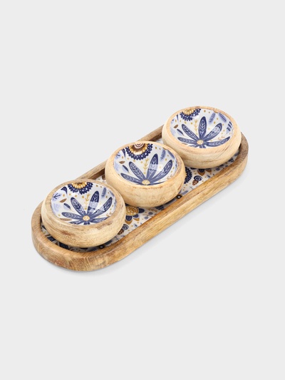 Набор розеток на подносе «Васильки», 3 шт., 33.5×13×6.5 см, дерево манго