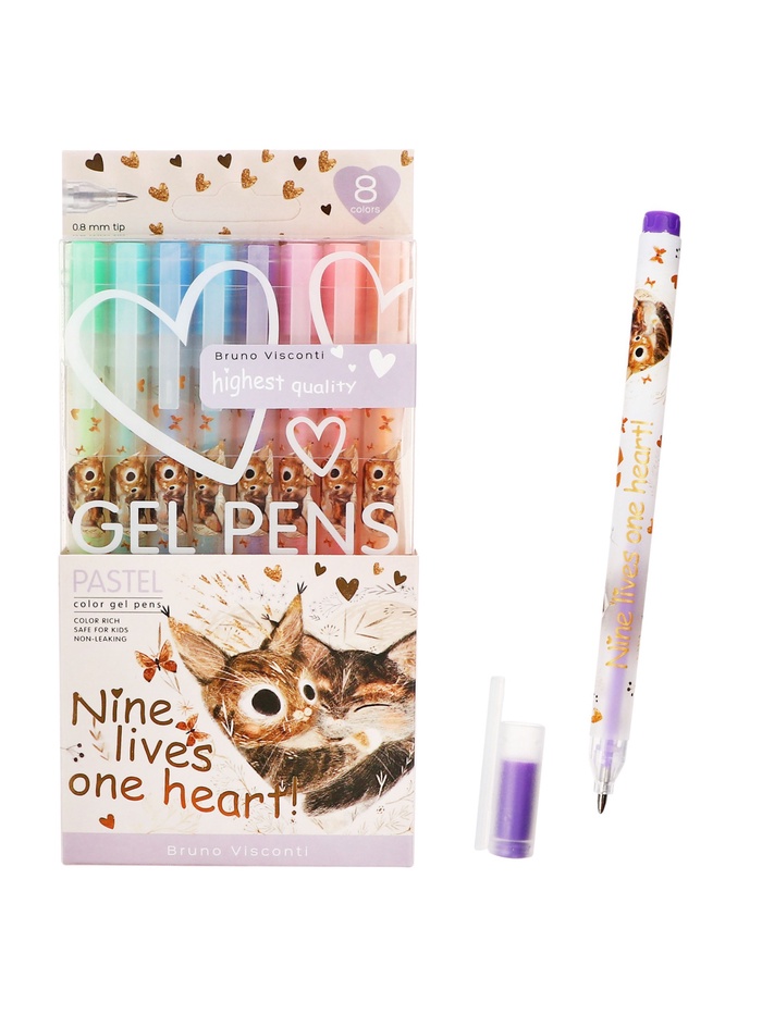 Набор гелевых ручек BrunoVisconti. PASTELS.LOVE ME «Котики приносят счастье», 8 цветов, узел 0.8 мм - Фото 1