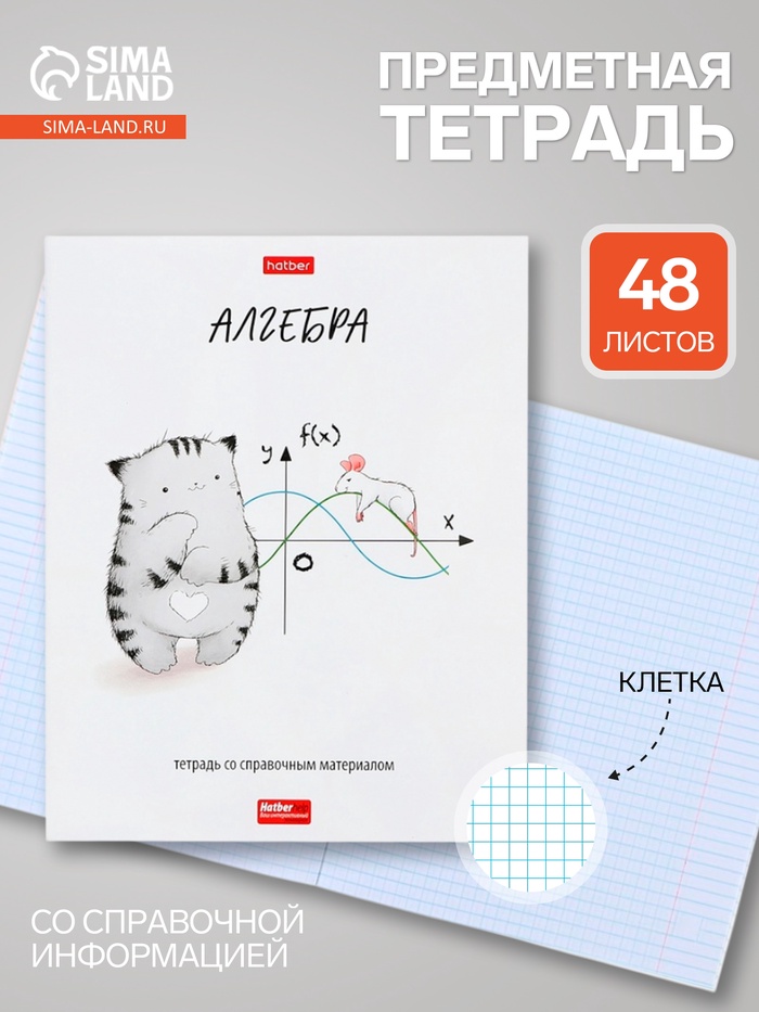 Предметная тетрадь по алгебре Hatber «Приключения кота Пирожка», 48 листов, в клетку, со справочным материалом, обложка из мелованной бумаги - Фото 1