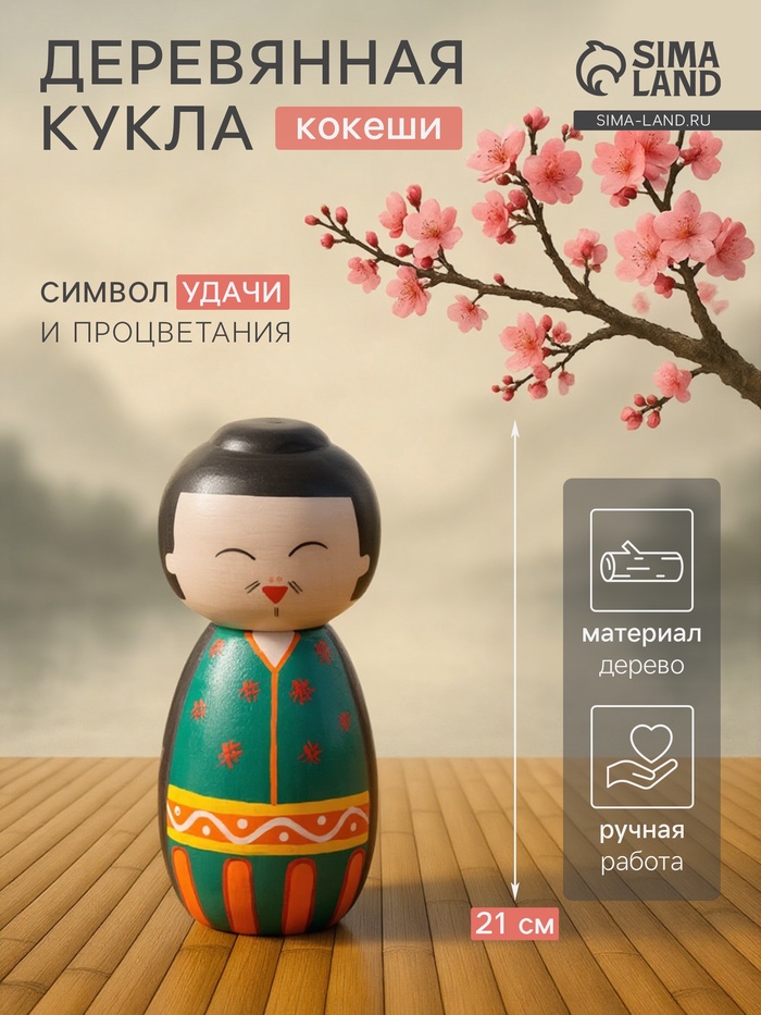Японская кукла кокеши «Фудзико», 9×9×21 см - Фото 1