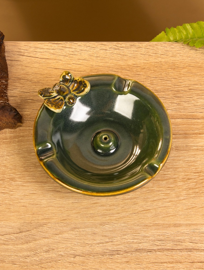 Подставка под благовония «Тарелка с бабочкой», 10×10×3 см, керамика, зелёная