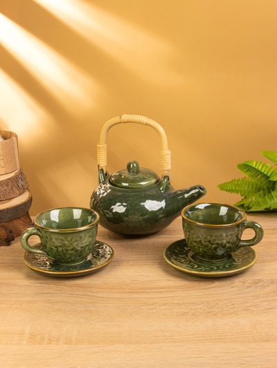 Набор чайный «Флора», чайник, 2 кружки, 25×21×17 см, керамика, зелёный